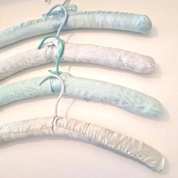 Blue & Green Padded Satin Lace Boudoir Lingerie Clothes Hangers 4 Lot - Picture 3 of 8